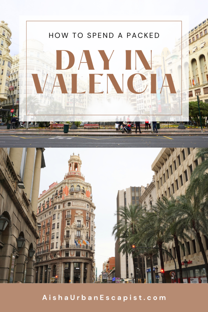 Two photos of a plaza lined by Spanish-style buildings in Valencia Spain