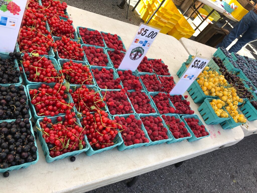 Different kinds of berries on a table for sale at farmers market in Baltimore