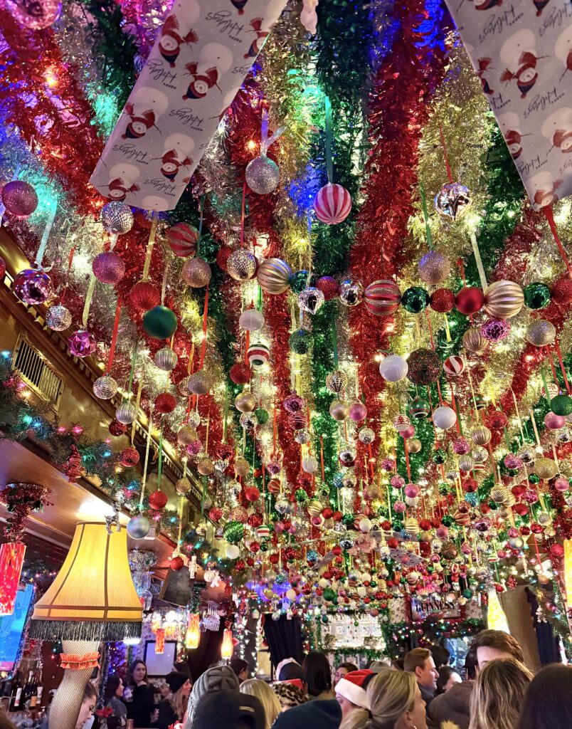 Inside of a bar decorated with holiday decor during Christmas in Baltimore