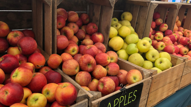 Boxes of apples for sale at farmers markets in Baltimore