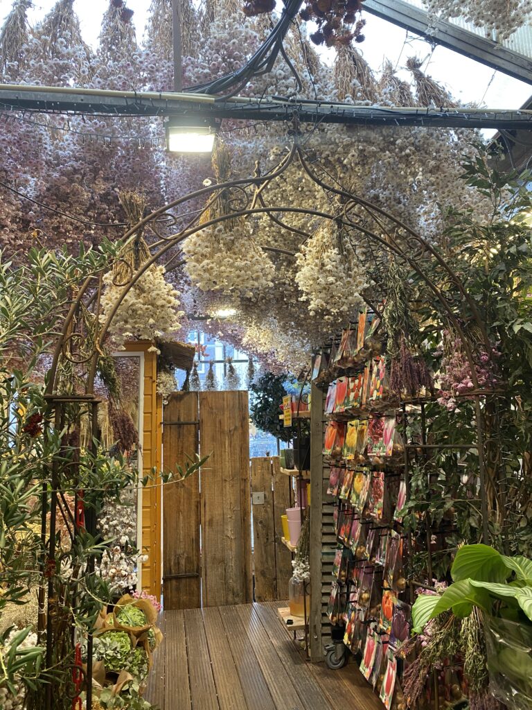 Inside of Amsterdam flower shop with flowers hanging from ceiling and seeds for sale