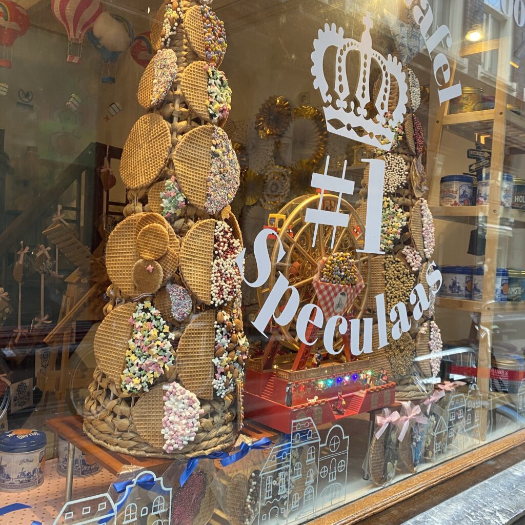 Dutch shop window displaying stroopwafels and cookies