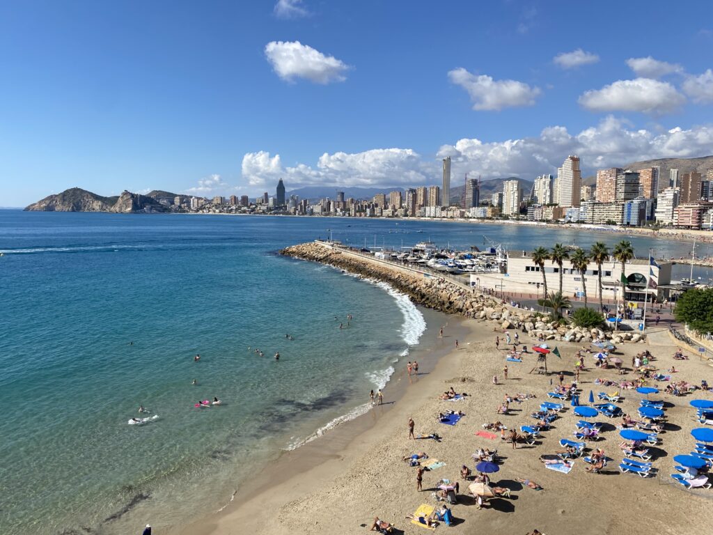 Overhead view of the beach and coastline in Benidorm, Spain
