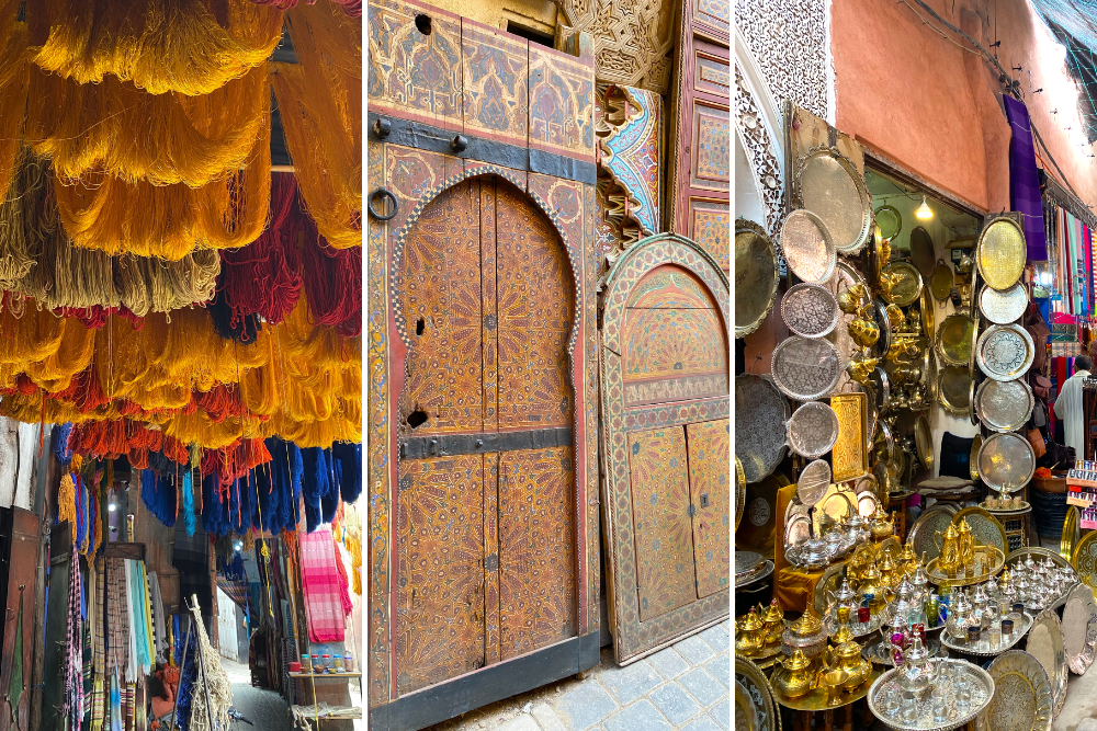 Collage of a photo of colorful thread hanging from a ceiling, two Moroccan-style doors for sale, and a vendor selling handmade metal decorations
