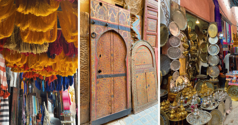 Collage of a photo of colorful thread hanging from a ceiling, two Moroccan-style doors for sale, and a vendor selling handmade metal decorations