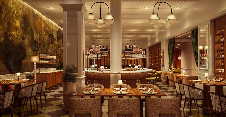 Interior of restaurant with luxurious decor and round bar in the center