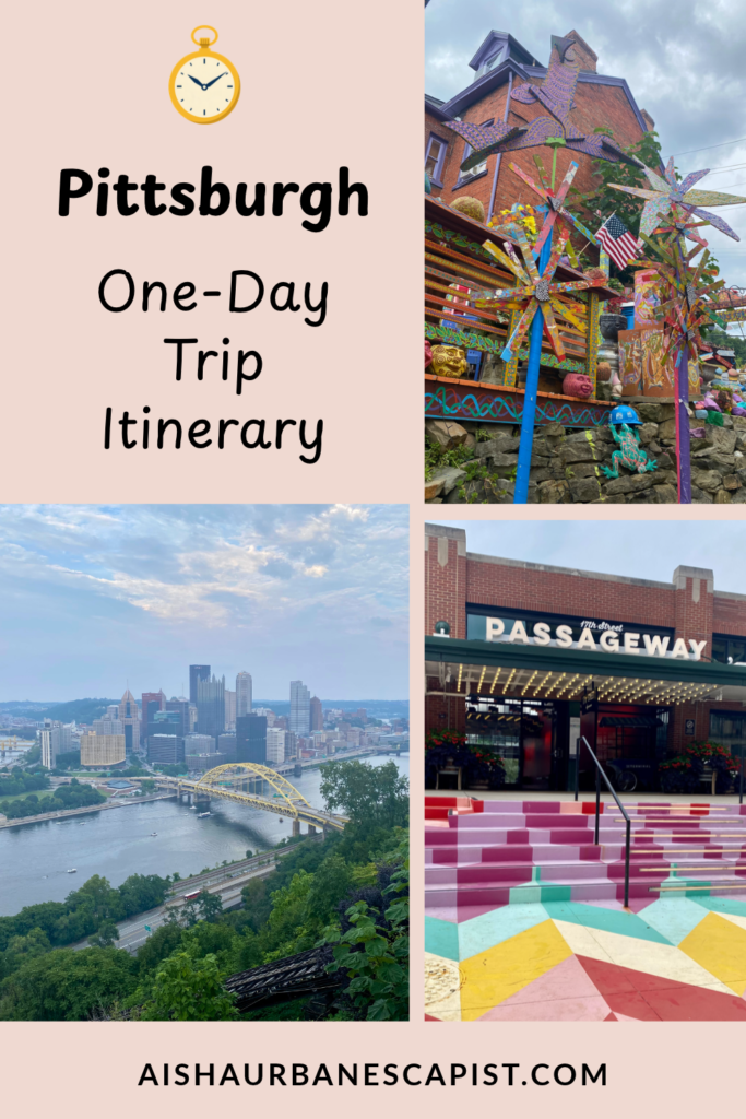 Collage of three photos showing Pittsburgh landmarks and a city view from above